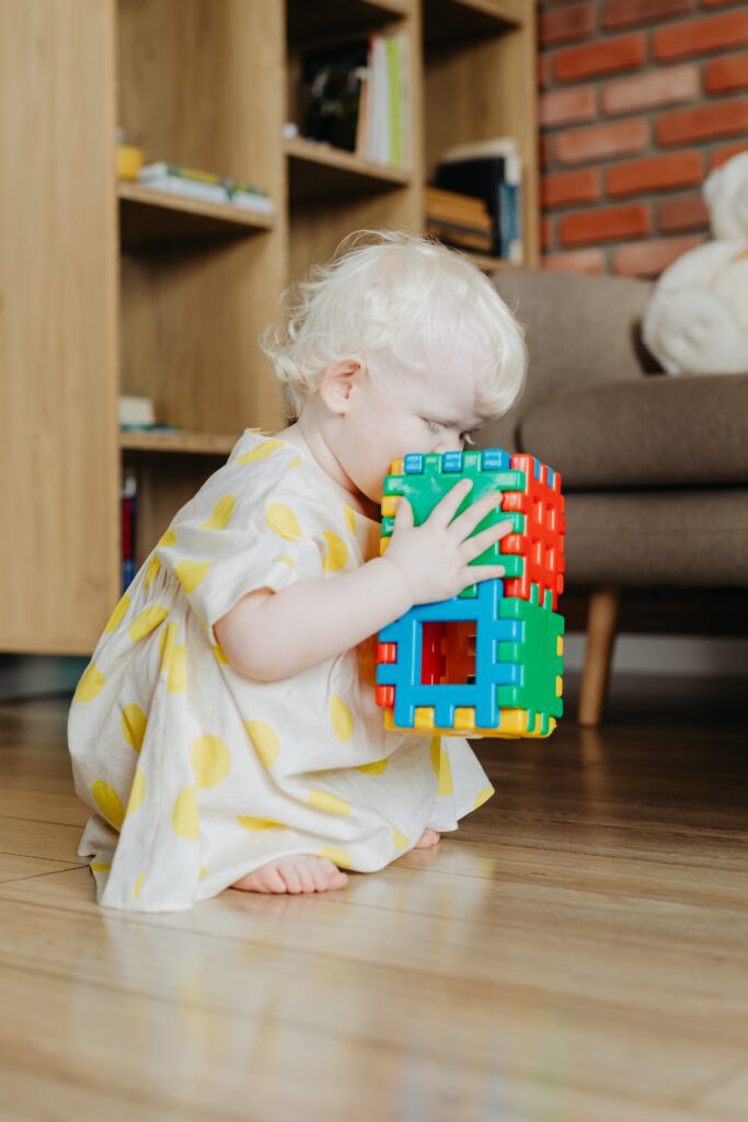 Menina no chão segurando brinquedo de encaixe, com estante e sofá ao fundo. Imagem ilustrativa texto  bebeteca.