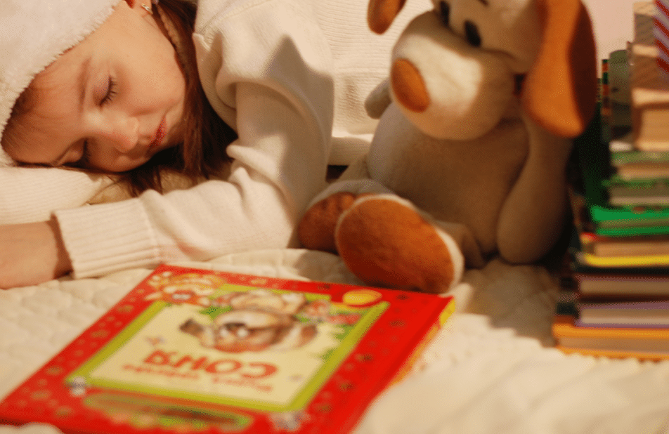 Menina dormindo próximo a livros e cachorrinho de pelúcia. Imagem ilustrativa texto presentear com clube de assinatura.